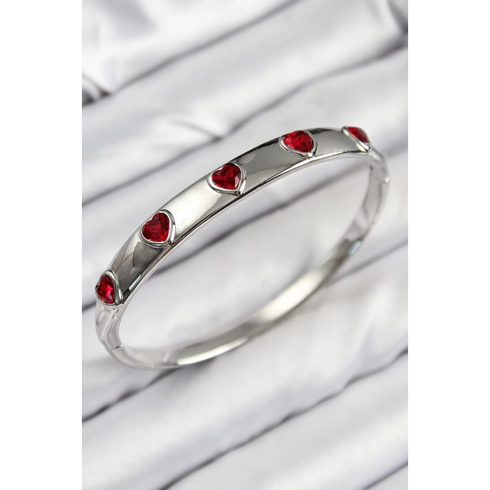 Pirinç Zirkon Taşlı Kırmızı Kalp Model Gümüş Renk Kadın Kelepçe