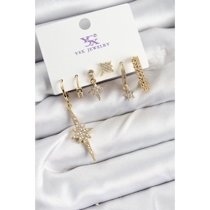 Pirinç Zİrkon Taşlı Kutup Yıldızı Model Gold Renk 3lü Çift Kadın Küpe
