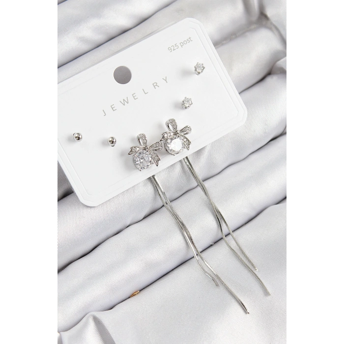 Pirinç Zirkon Taşlı Sallantılı Fiyonk Model Gümüş Renk 925 Ayar Gümüş Çivi Kadın Küpe Set