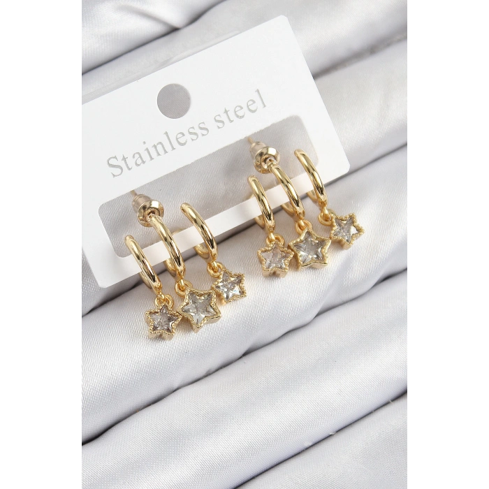 Pirinç Zirkon Taşlı Sallantılı Yıldız Model Gold Renk Kadın Küpe