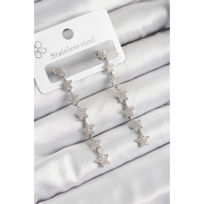 Pirinç Zirkon Taşlı Sallantılı Yıldız Model Gümüş Renk Kadın Küpe