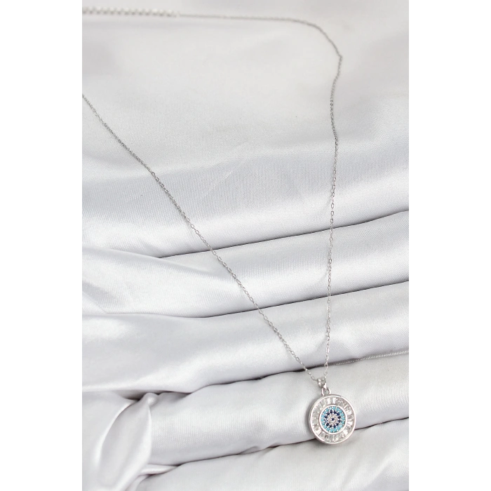 Pirinç Zirkon Taşlı Su Yolu Nazar Model Gümüş Renk Kadın Kolye