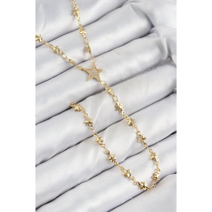 Pirinç Zirkon Taşlı Yıldız Model Gold Renk Y Kolye