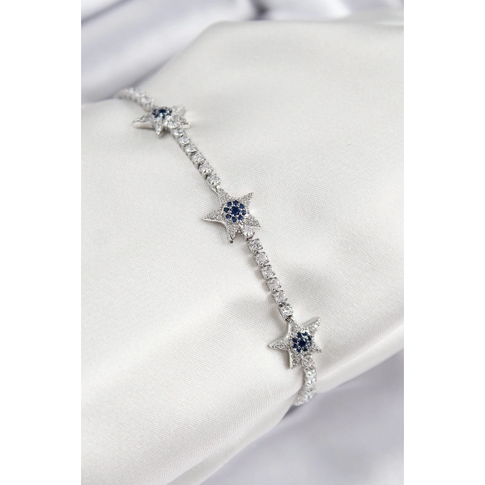 Pirinç Zirkon Taşlı Yıldız Model Gümüş Renk Kadın Bileklik