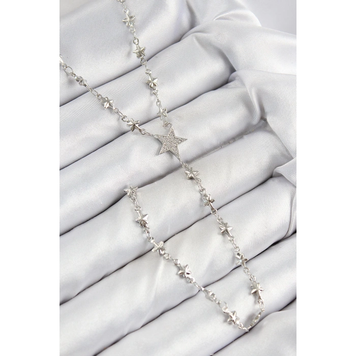 Pirinç Zirkon Taşlı Yıldız Model Gümüş Renk Y Kolye