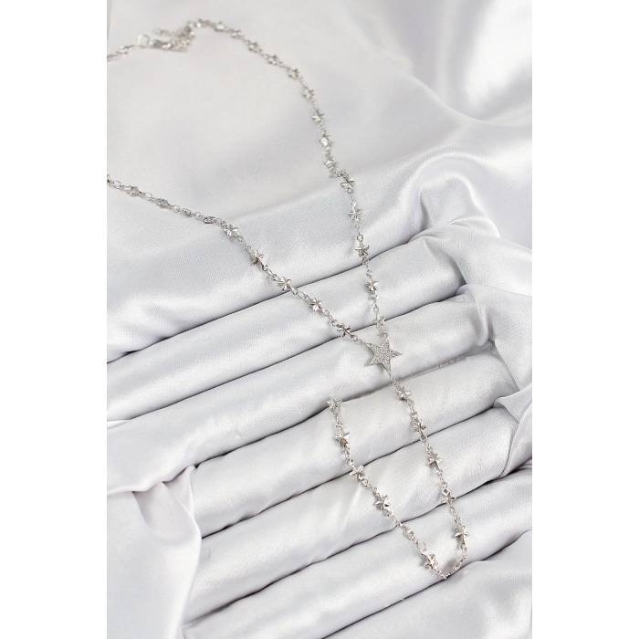 Pirinç Zirkon Taşlı Yıldız Model Gümüş Renk Y Kolye