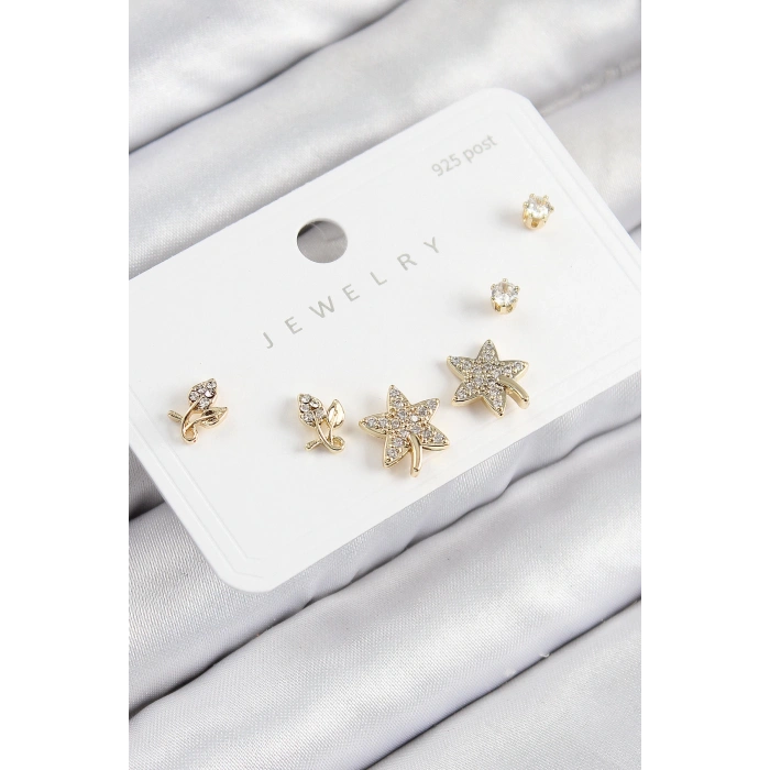 Pirinç Zirkon Taşlı Yıldız Ve Gül Model Gold Renk 925 Ayar Gümüş Çivi Kadın Küpe Set
