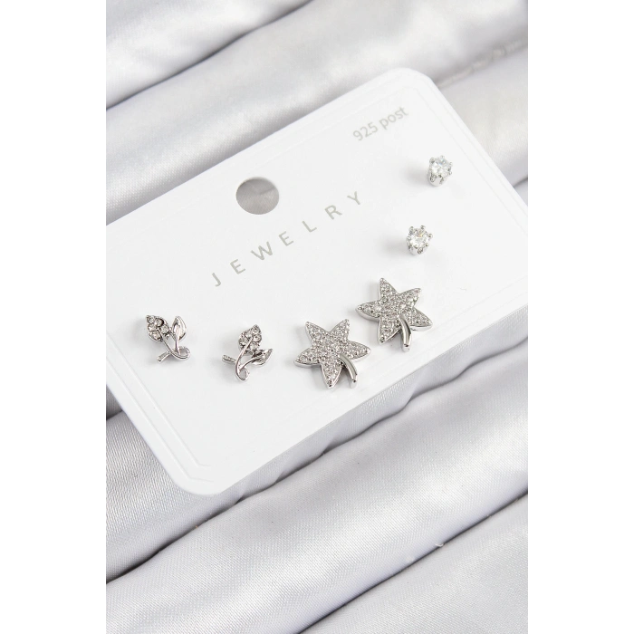 Pirinç Zirkon Taşlı Yıldız Ve Gül Model Gümüş Renk 925 Ayar Gümüş Çivi Kadın Küpe Set