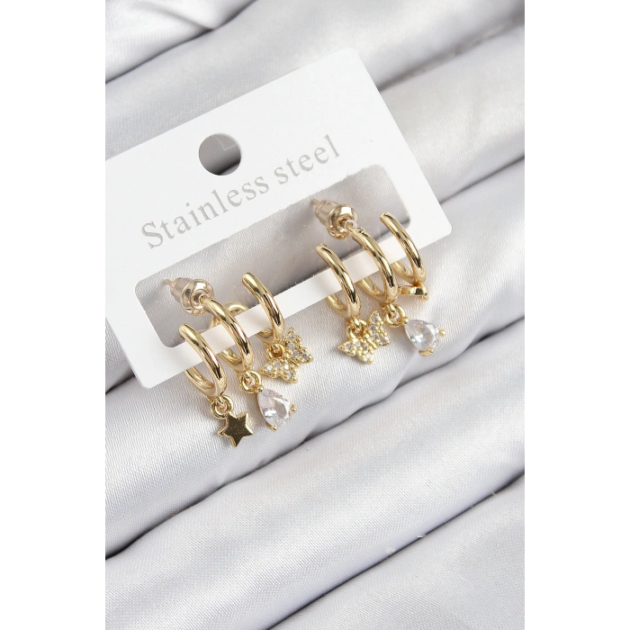 Pirinç Zirkon Taşlı Yıldız Ve Kelebek Model Gold Renk Kadın Küpe