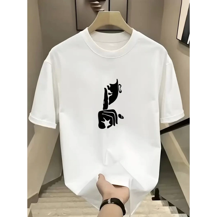 Rahat Bisiklet Yaka Tişört, Yaratıcı Karikatür Baskı - Yumuşak Polyester, Her Mevsim Giyilebilir- Beyaz