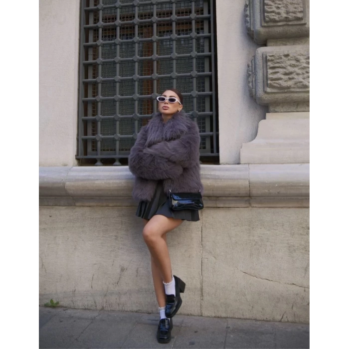 Salaş Sakallı Yumuşak Dokulu Yakalı Cepli Suni Kürk - füme