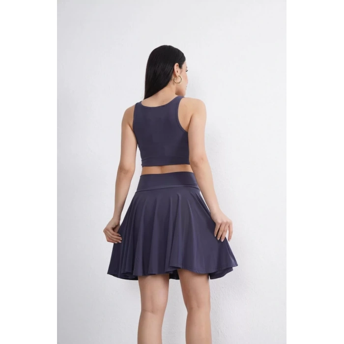 Sendy Kumaş Bisiklet Yaka Crop Şortlu Etek ikili Takım - Antrasit