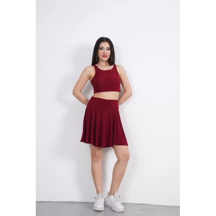 Sendy Kumaş Bisiklet Yaka Crop Şortlu Etek ikili Takım - Bordo