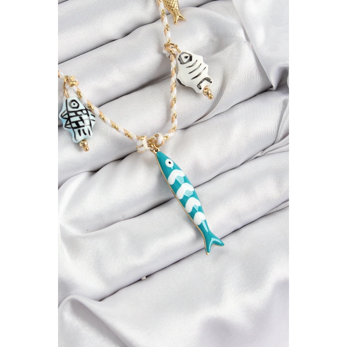 Seramik Motifli Balık Figürlü Model Krem İp Kadın Kolye