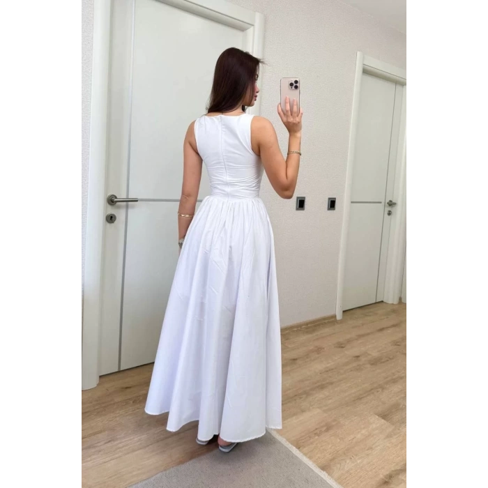 Sifir Kol Beli Oturtmalı Kolsuz Uzun Elbise - Beyaz