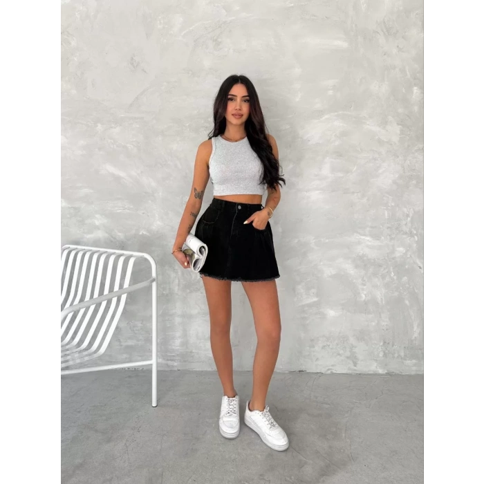 Şık Pileli Yazlık Mini Etekli Kot- Siyah