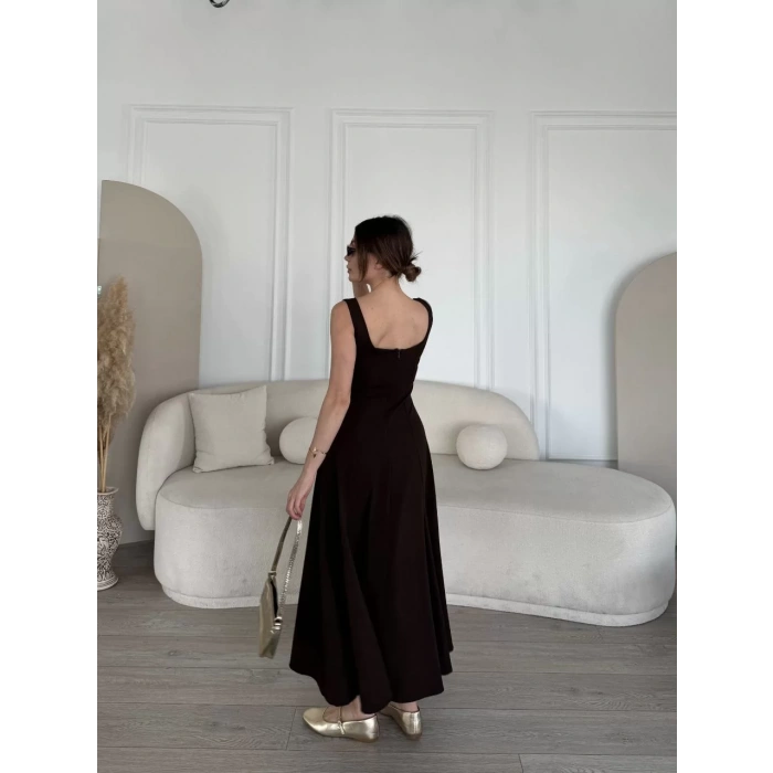 Sırt Dekolteli Kolsuz Uzun Elbise - Kahverengi