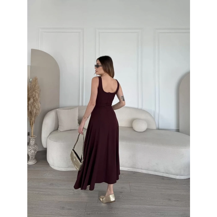 Sırt Dekolteli Kolsuz Uzun Elbise - Mürdüm