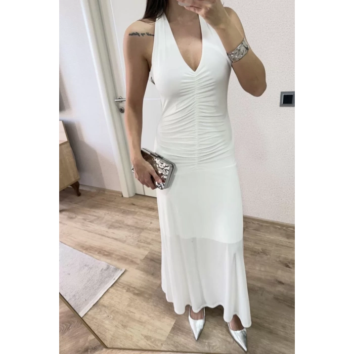 Sırt dekolteli Uzun Elbise - Beyaz