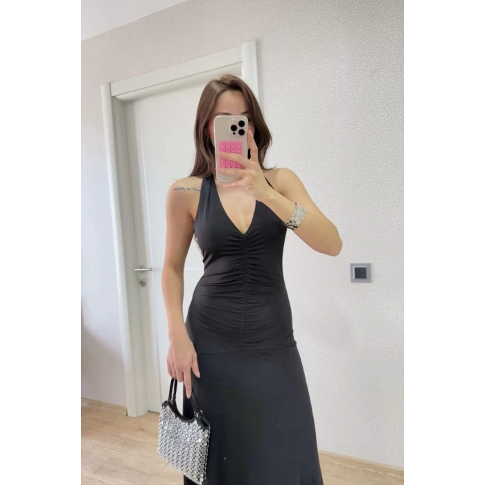 Sırt dekolteli Uzun Elbise - Siyah