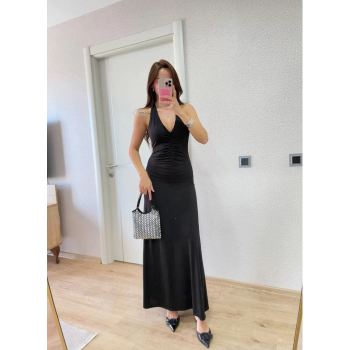 Sırt dekolteli Uzun Elbise - Siyah