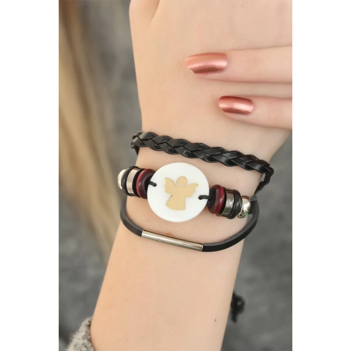 Siyah Renk Melekli Tasarım Çoklu Deri Bayan Bileklik