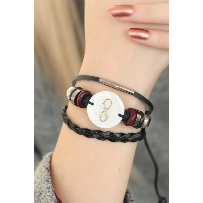 Siyah Renk Sonsuzluk ve Atatürk İmza Tasarım Çoklu Deri Bayan Bileklik