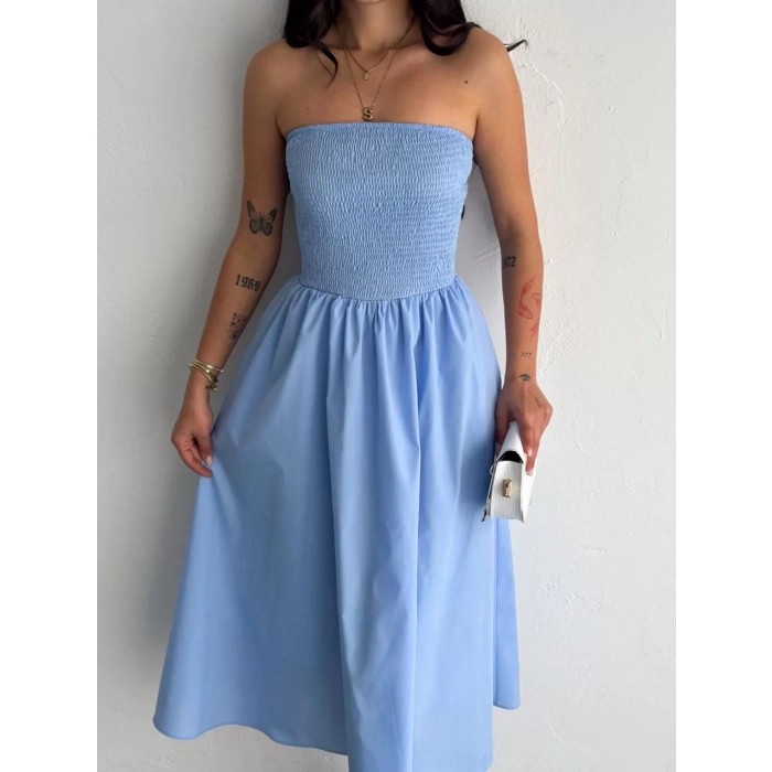 Straplez Pileli Elbise - Açık Mavi