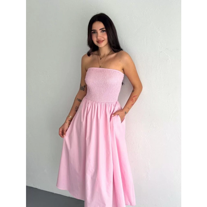 Straplez Pileli Elbise - Pembe