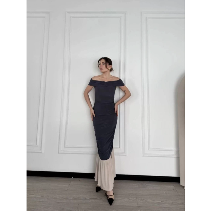Striptiz Omuzlu Uzun Elbise- Füme