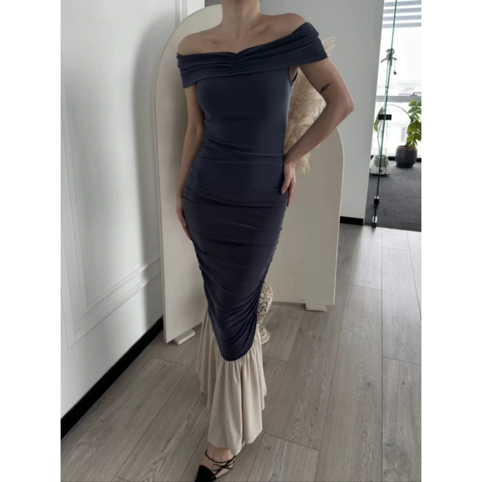 Striptiz Omuzlu Uzun Elbise- Füme