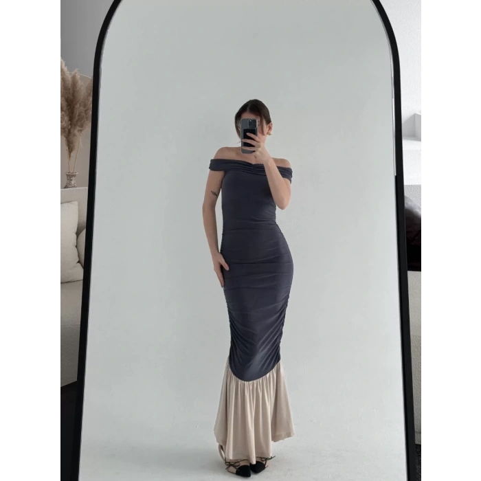 Striptiz Omuzlu Uzun Elbise- Füme