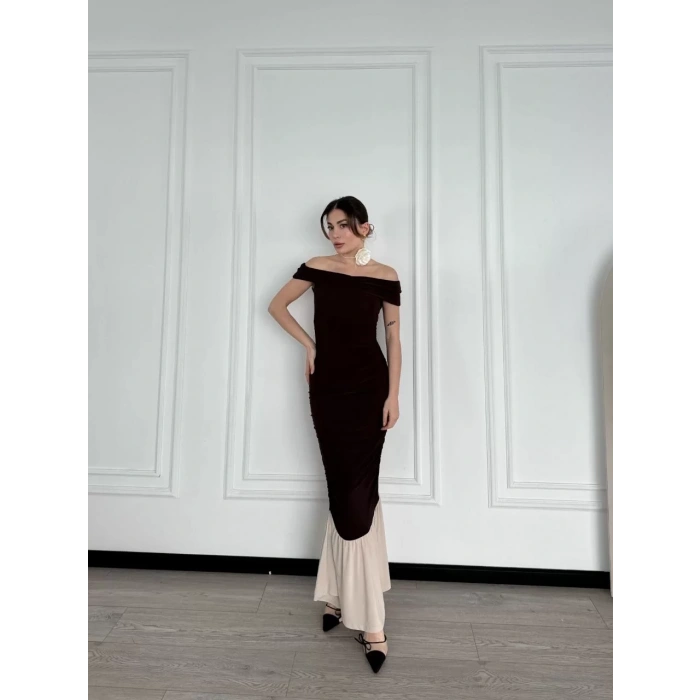 Striptiz Omuzlu Uzun Elbise- Kahve