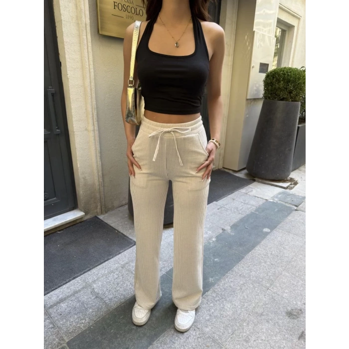 Su Yolu Çizgili kolay Kombinle Ne Bilir Cepli Pantolon - Bej