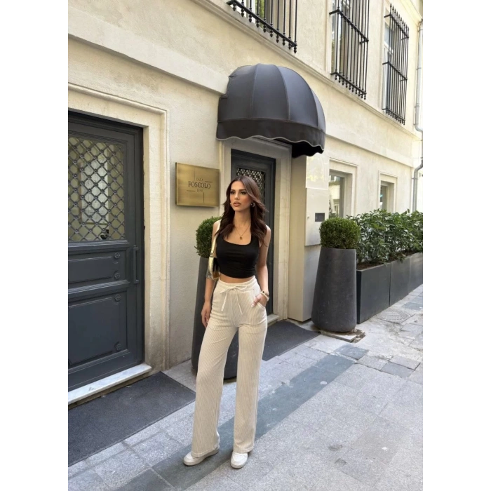 Su Yolu Çizgili kolay Kombinle Ne Bilir Cepli Pantolon - Bej