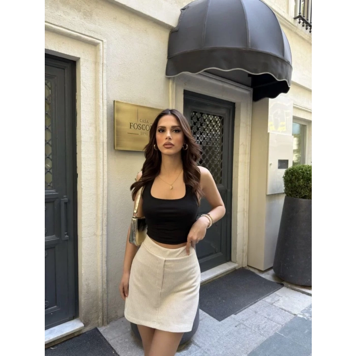 Su Yolu Çizgili kolay Kombinle Ne Bilir Mini Boy Etek - Bej