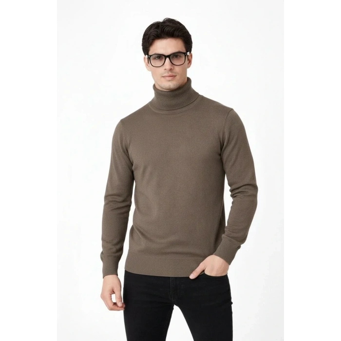 Tam Boğazlı Balıkcı Yaka Triko Kazak yumuşak dokulu Pamuklu ince Dokuma, uzun kollu Rahat Regular kalıp - Kahverengi