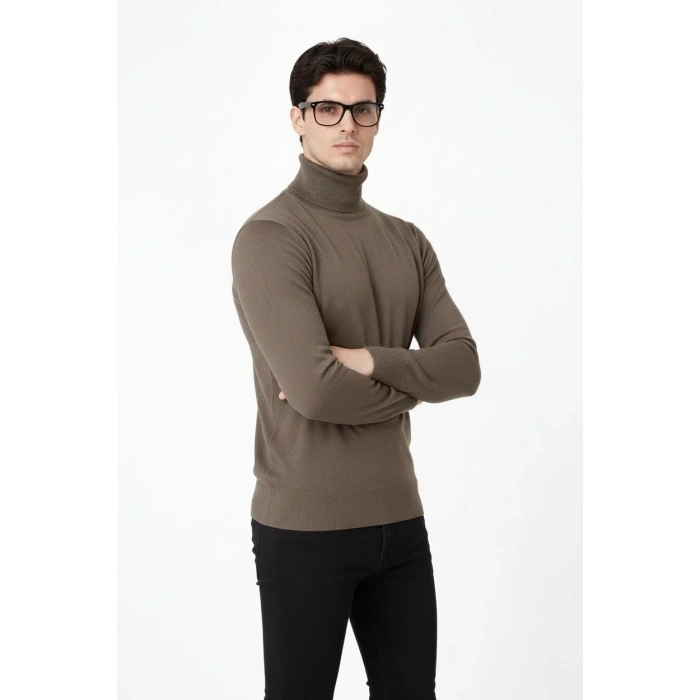 Tam Boğazlı Balıkcı Yaka Triko Kazak yumuşak dokulu Pamuklu ince Dokuma, uzun kollu Rahat Regular kalıp - Kahverengi