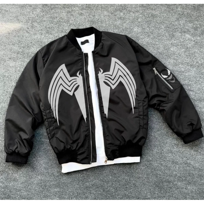 Unisex Siyah Bomber Mont – Venom Beyaz Örümcek Logolu, Fermuarlı Cepli, Kapitone Astarlı Günlük Mont - Siyah