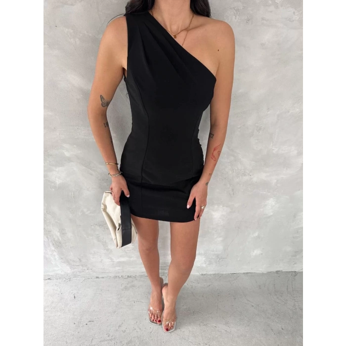 Tek Omuzlu Kolsuz Mini Boy Elbise - Siyah