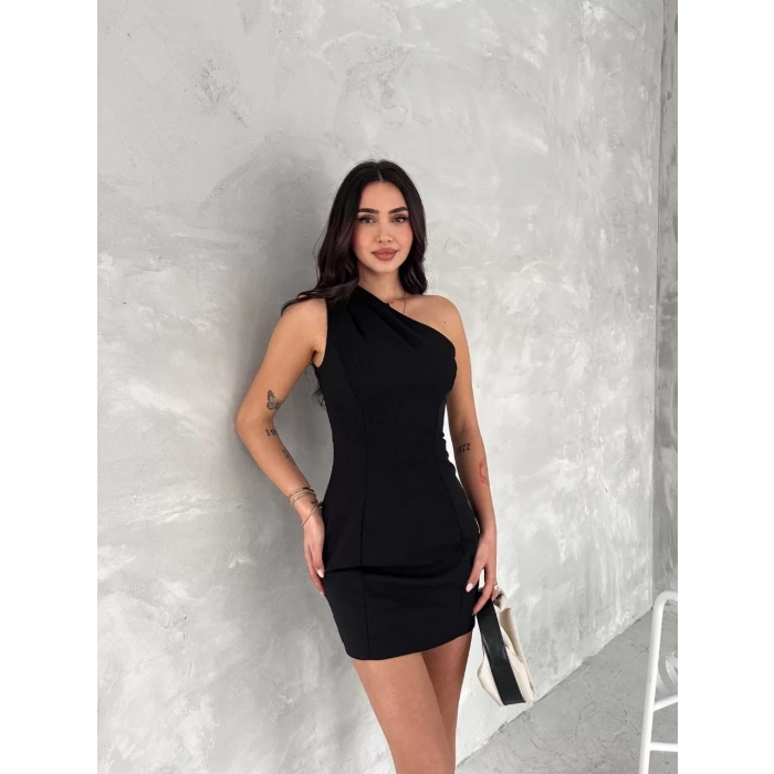 Tek Omuzlu Kolsuz Mini Boy Elbise - Siyah