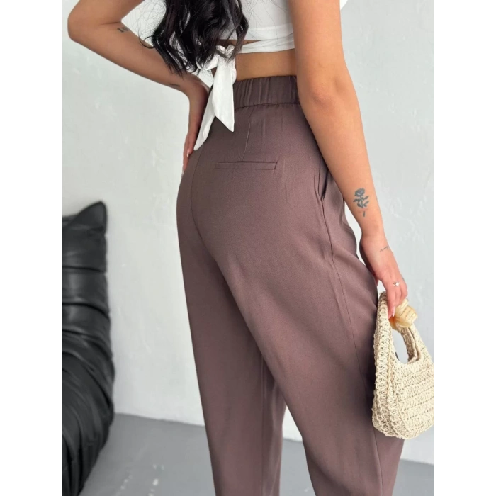 Kadın Yüksel Bel Rahat Boru Paça Pantalon - Kahverengi