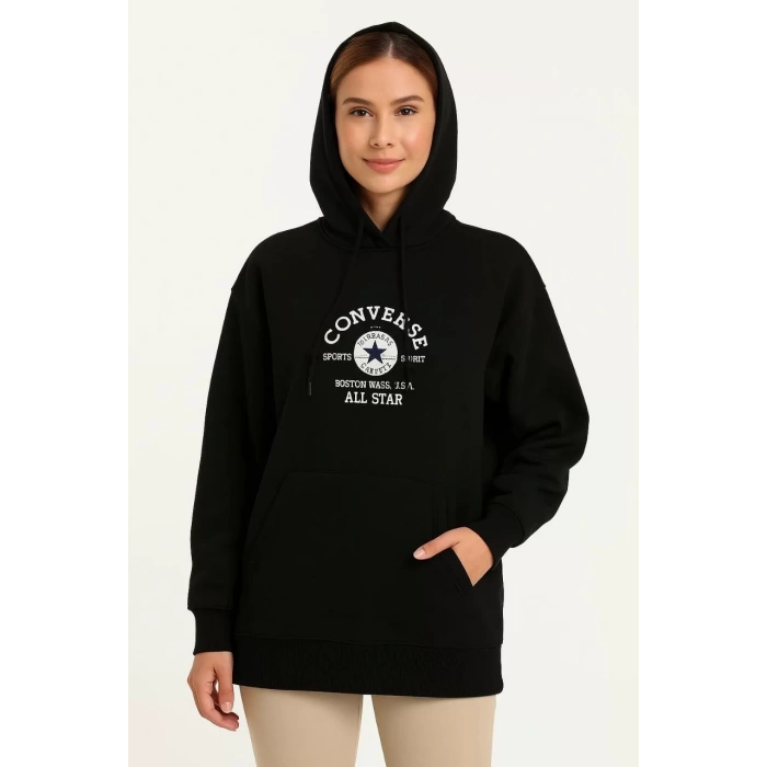 Kadın Kapşonlu Sweatshirt – Üç İplik Şardonlu Kumaş, Oversize Fit, Ön & Arka Baskılı, Kanguru Cepli, Kışlık Rahat Hoodie- Siyah
