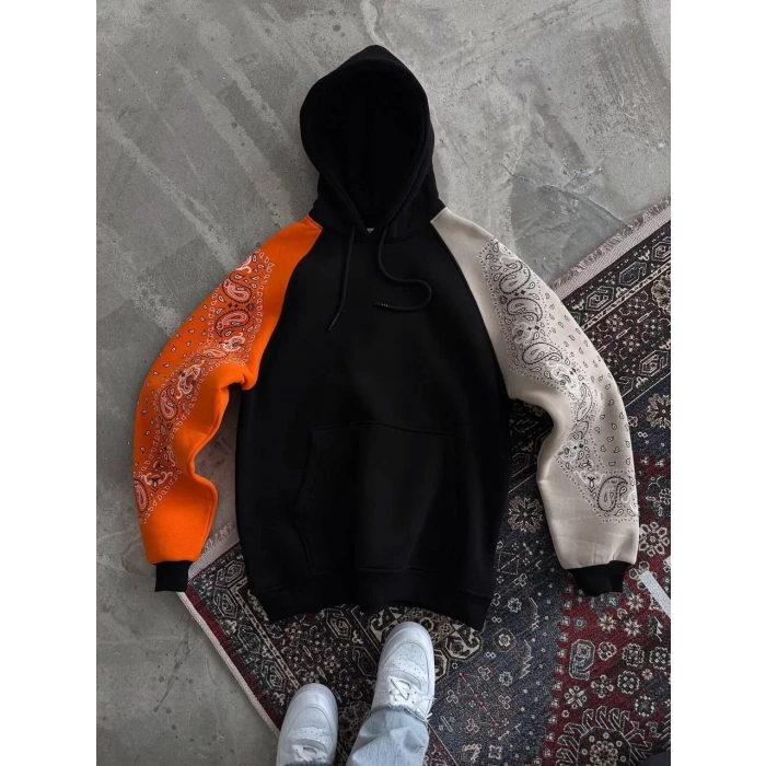 Üç İplik Penye Kapşonlu Parçalı SweatShirt - Siyah