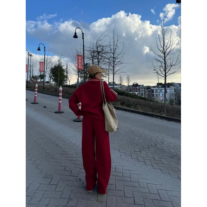 Üç İplik Yakalı Sweat Baggy Pantalonlu Takım - Bordo