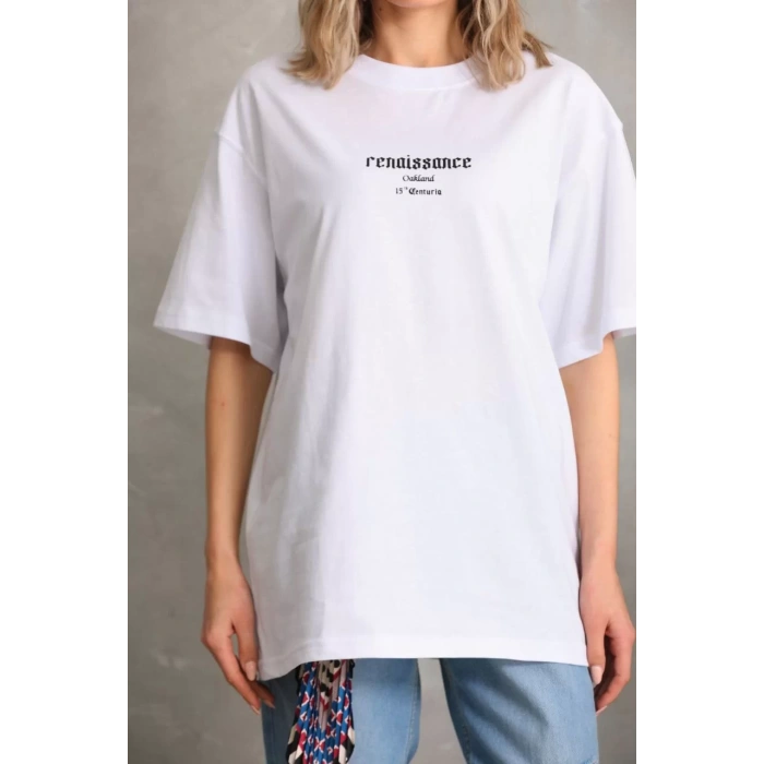 Unisex Baskılı Oversize T-Shirt - Beyaz
