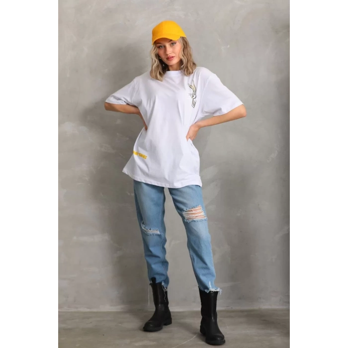 Unisex Baskılı Oversize T-Shirt - Beyaz