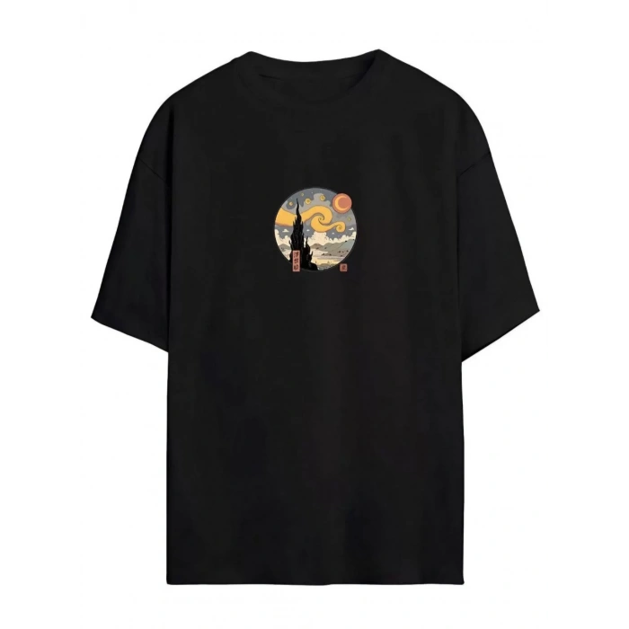 Unisex Baskılı Oversize T-Shirt - Siyah