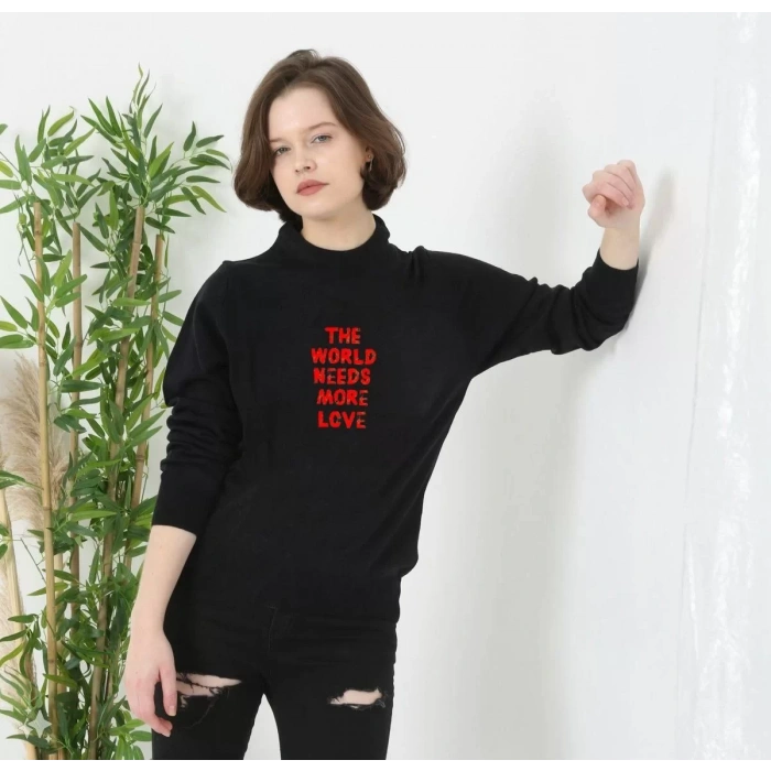 Unisex Bisiklet Yaka Baskılı Dokuma Triko - Siyah