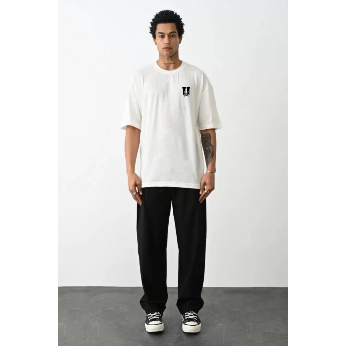 Unisex Bisiklet Yaka Baskılı Oversize T-Shirt - Beyaz